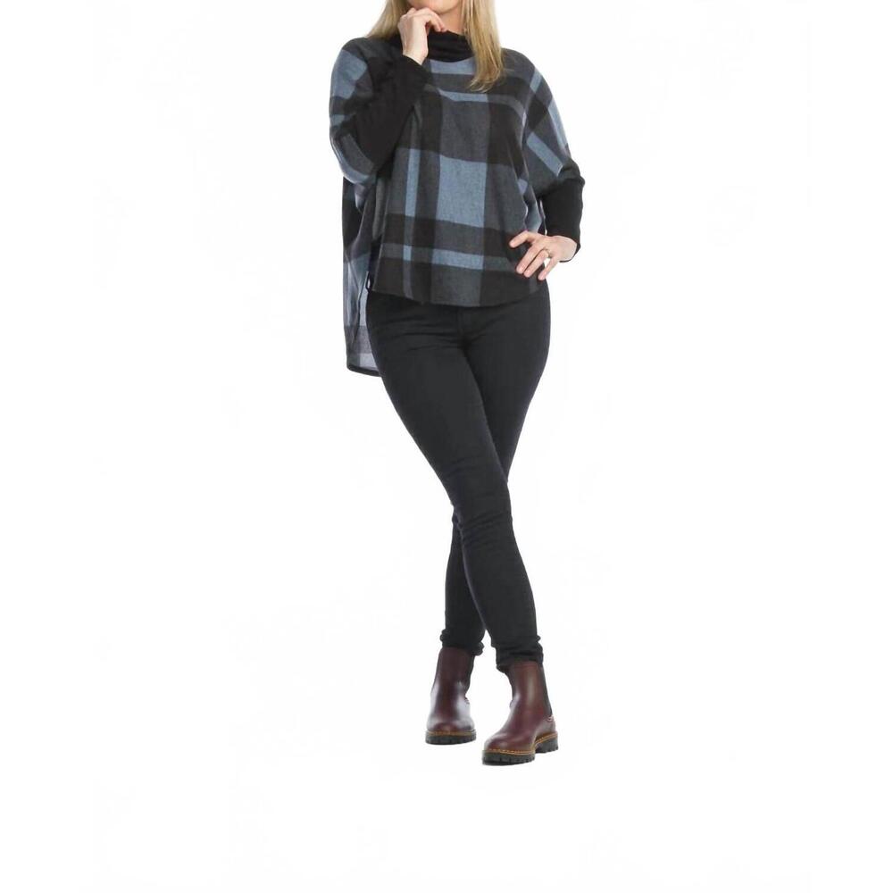NEW PAPILLON plaid poncho style cowl neck sweater in blue